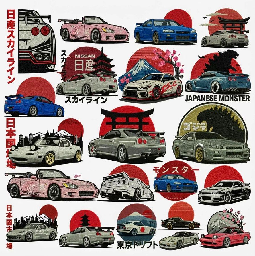 JDM car culture embroidery design collage