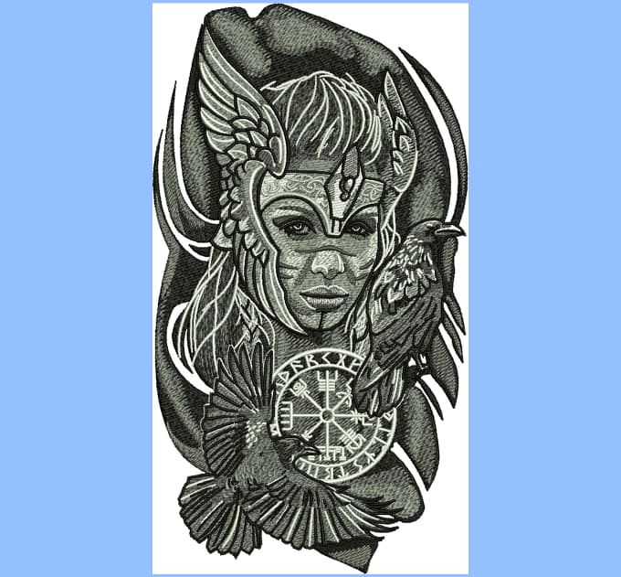 Valkyrie monochrome embroidery portrait